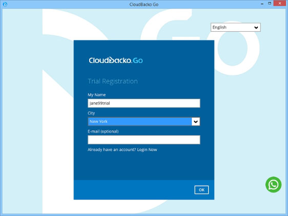 1. Start CloudBacko Go, enter your preferred; user name, location, and email address (optional). Click OK to continue.